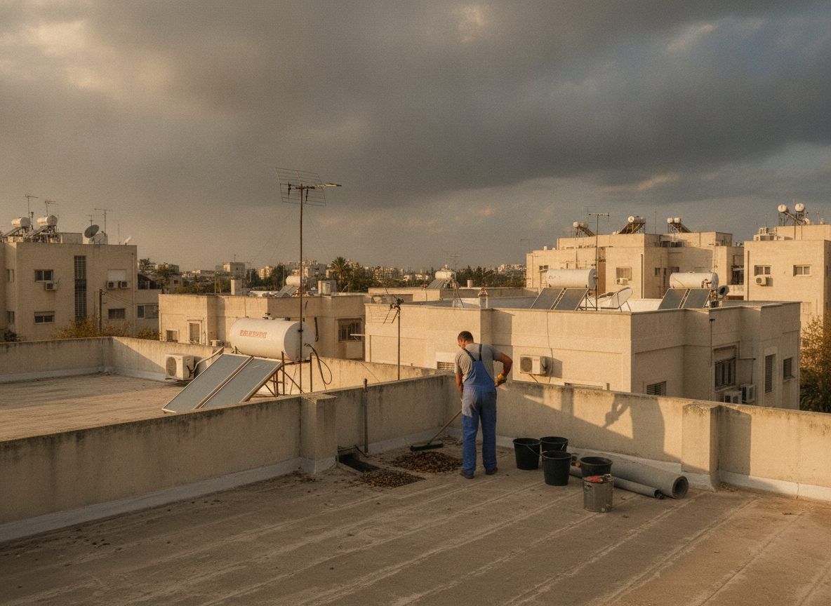 אדם בודק קולט ניקוז מלא בעלים על גג שטוח בסתיו
