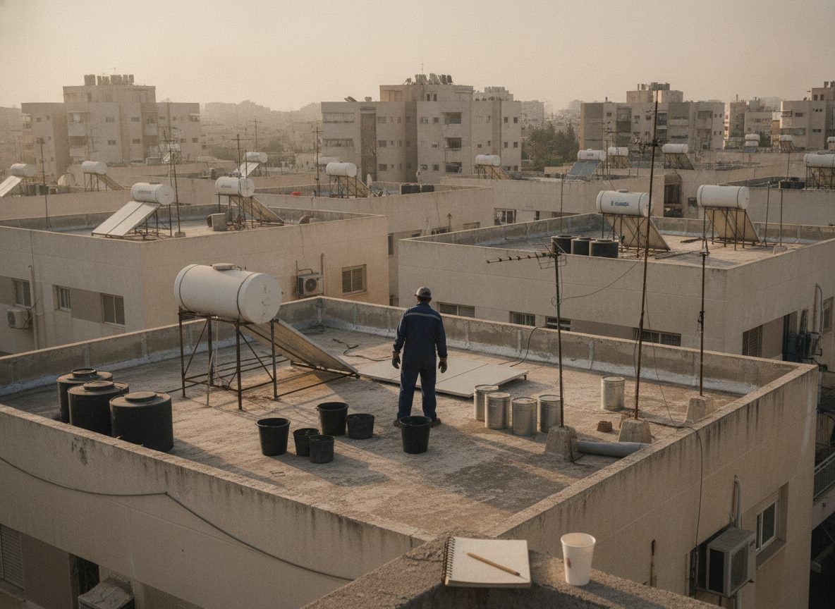 גג בטון שטוח עם מרזב מרכזי וסימני מים שנותרו אחרי גשם