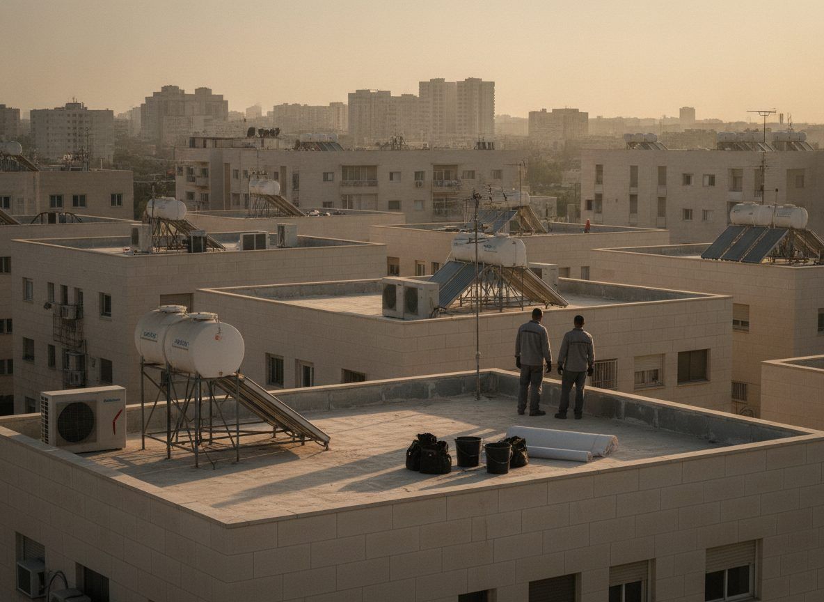 בעל מקצוע כורע על גג בטון שטוח ובודק חפיפה בין שתי יריעות איטום